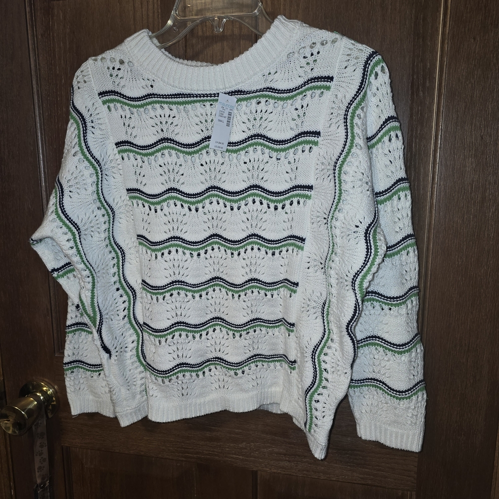 Maurices Women's White Blue & Green Crew Neck Sweater Crocheted Lace Texture NWT